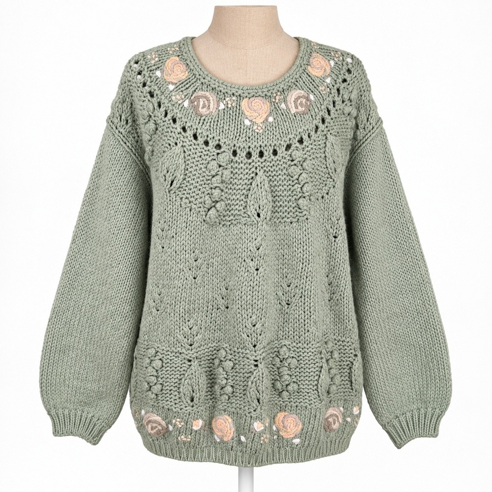 Vintage 90s Hand Knit Floral Embroidered Cable Knit Sweater Size M Green Cottage